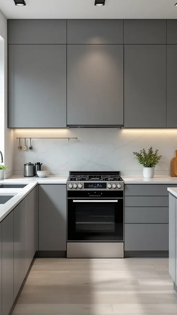 Modern kitchen with integrated appliances featuring dark cabinetry and clean lines