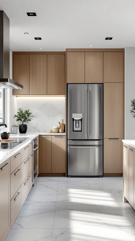 A modern kitchen featuring wood cabinetry, a stainless steel fridge, and smart technology integration.