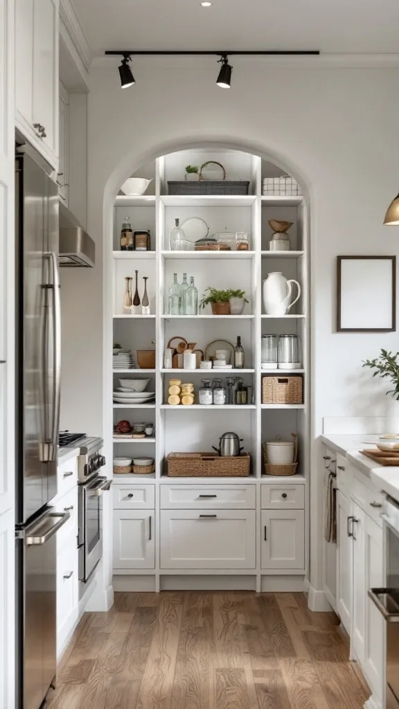 A modern kitchen with a unique pantry design, featuring open white shelves, jars, and decorative items.