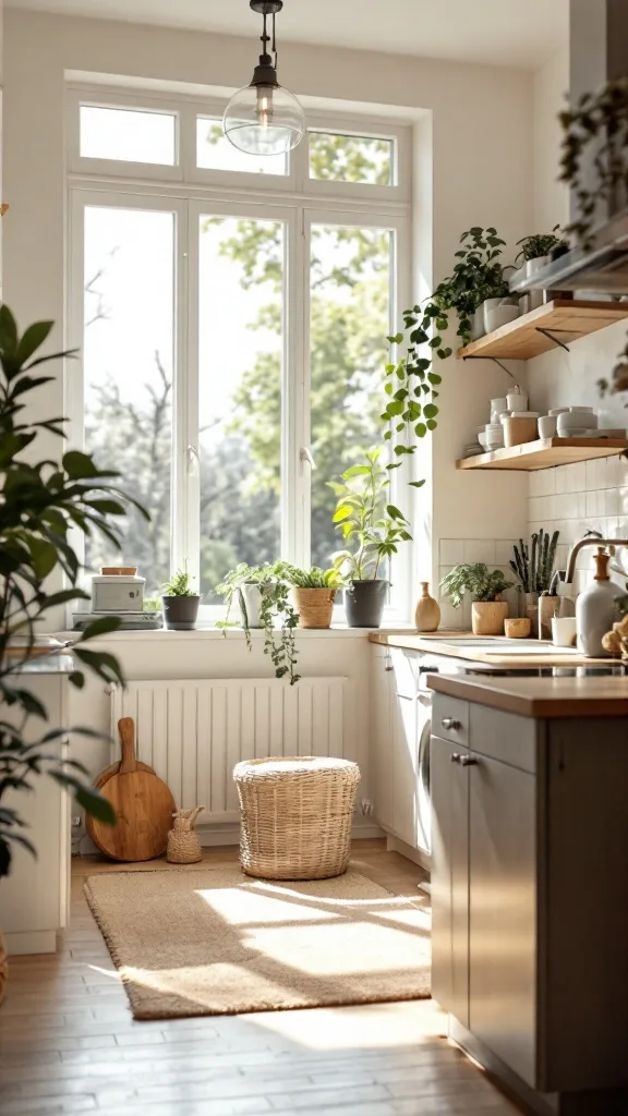 A bright, modern kitchen filled with natural light and plants, featuring large windows and a cozy atmosphere.