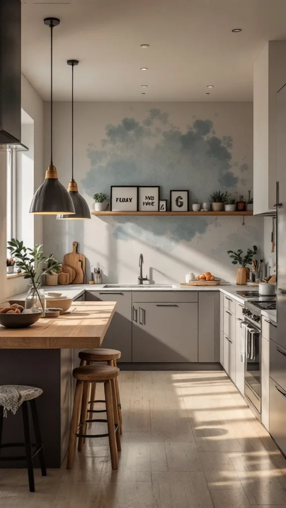 A modern kitchen design featuring light colors, wooden accents, and plants, creating a family-friendly atmosphere.