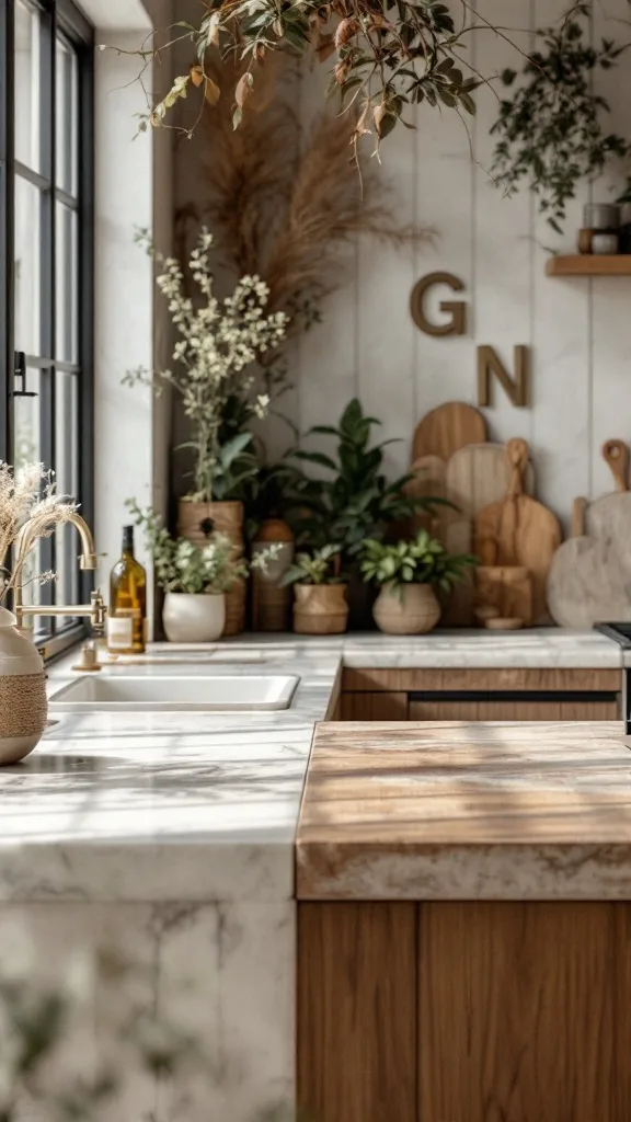 A modern kitchen with eco-friendly countertops featuring wood and stone, surrounded by plants and natural decor.