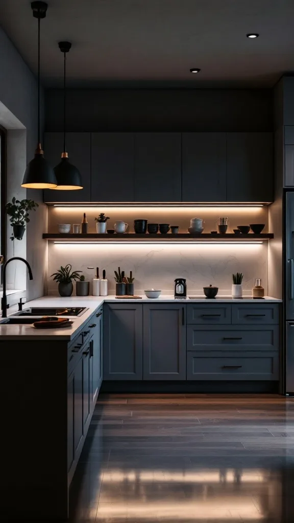 A modern kitchen with dark cabinets and creative lighting, featuring pendant lights and under-cabinet illumination.