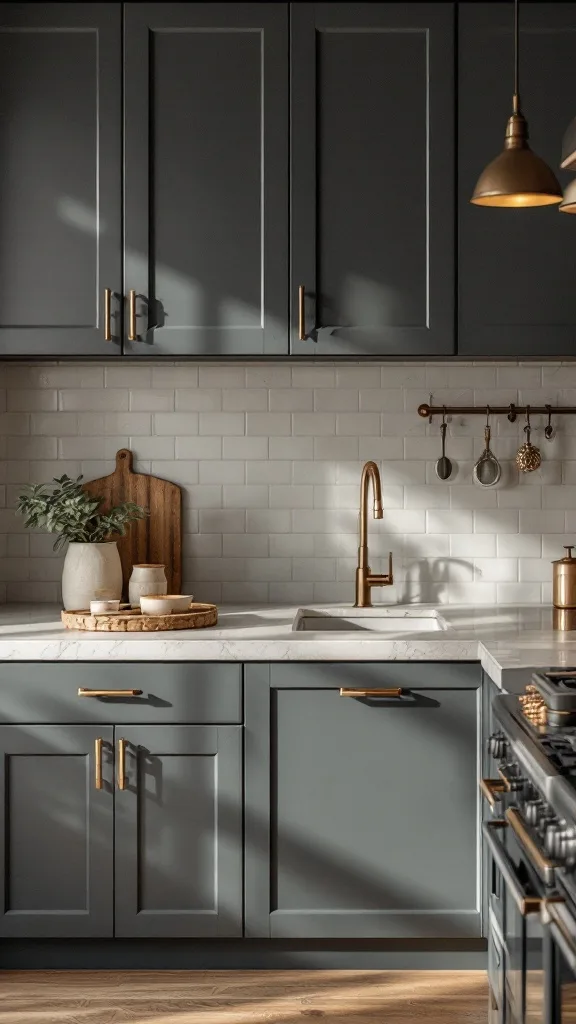 A modern kitchen with deep gray cabinetry, warm metallic fixtures, and natural wood accents.