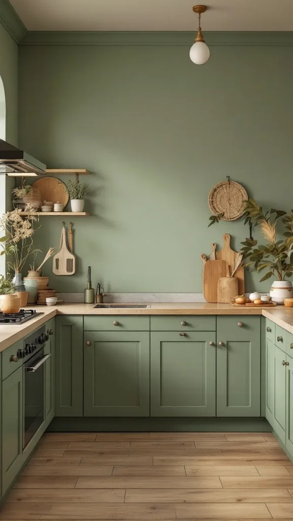 A modern kitchen featuring soft green cabinets and wooden accents, creating an earthy color palette.