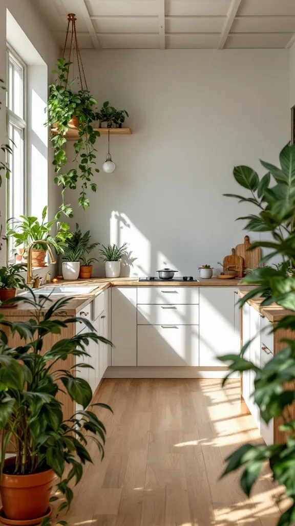 A bright, modern kitchen with plants, showcasing biophilic design elements.