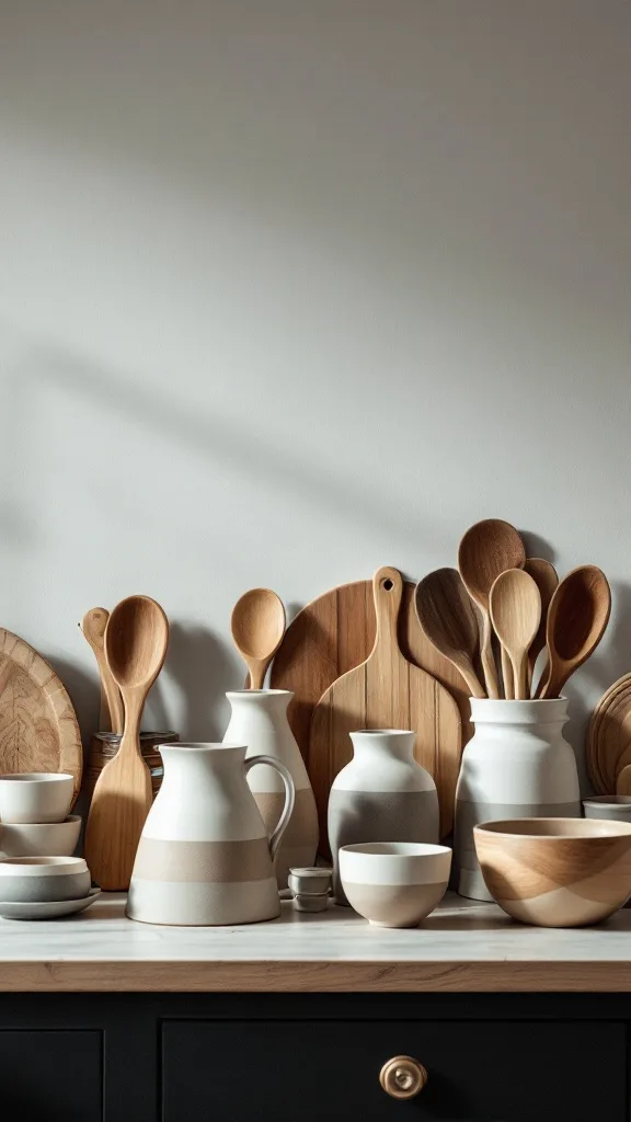 A collection of handmade pottery and wooden utensils arranged on a kitchen countertop