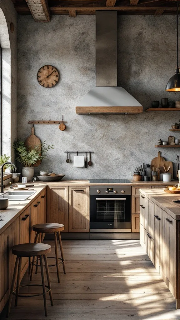 A cozy organic modern kitchen featuring wooden cabinets, metal accents, and a rustic clock.