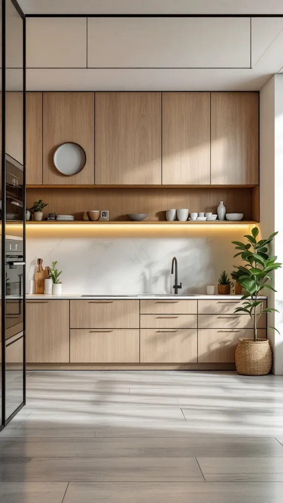 A modern kitchen featuring sleek minimalist cabinets in light wood, a white countertop, and subtle decorative elements.