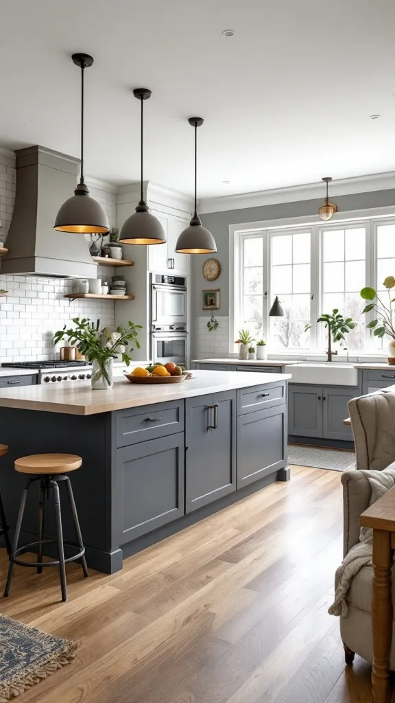 A modern kitchen featuring a large functional island with dark cabinetry, light wood countertop, hanging lights, and plants.