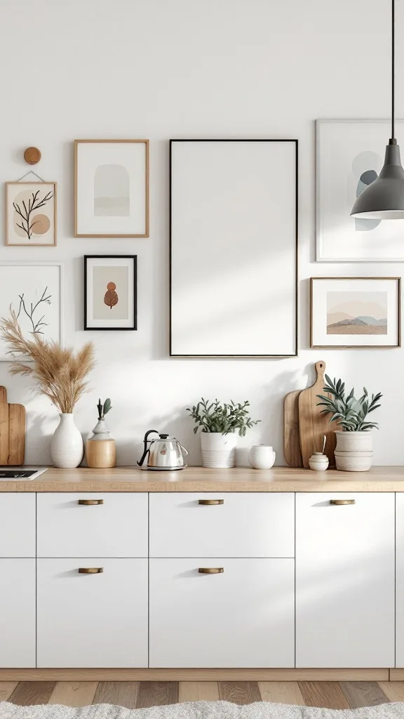 A modern kitchen with artful wall decor, featuring framed artwork and plants