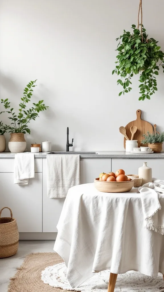 A modern kitchen featuring a light tablecloth, a bowl of oranges, plants, and woven accessories.