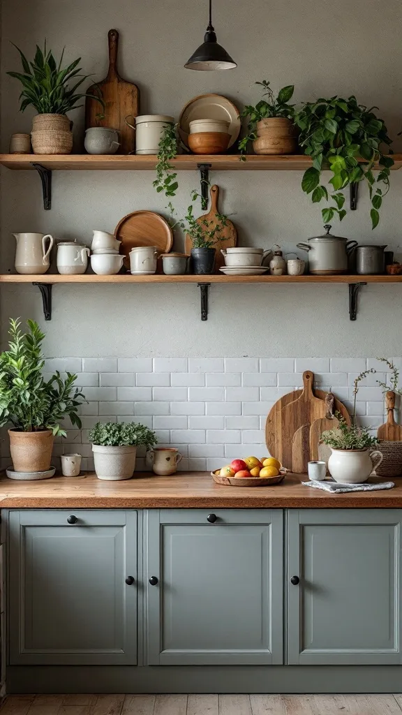 A modern kitchen with open shelving displaying various kitchenware and plants, featuring rustic wooden accents.