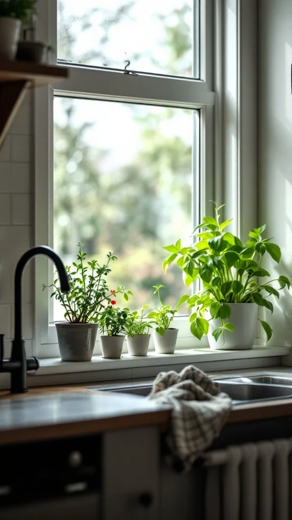 A beautiful kitchen window with several potted herbs, showcasing a modern design.