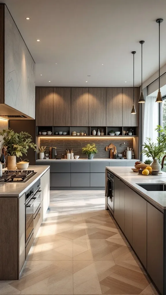 Modern open concept kitchen with gray cabinetry and natural wood accents.