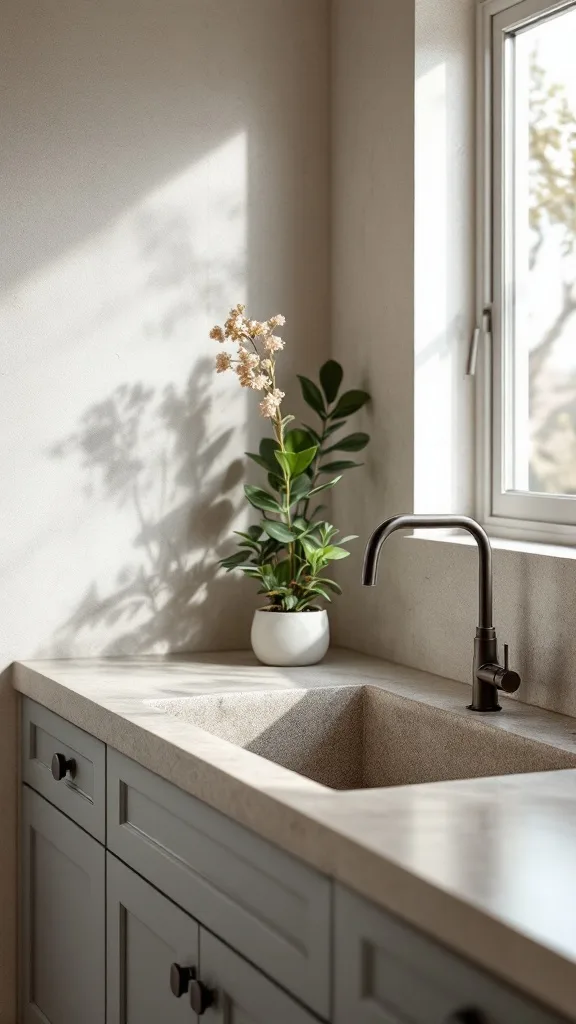 A modern kitchen featuring a natural stone sink, grey cabinetry, and a small potted plant on the countertop.