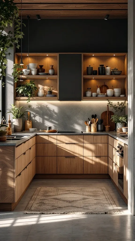 A modern kitchen featuring wooden cabinetry, open shelving with plants and kitchenware, and a clean design.