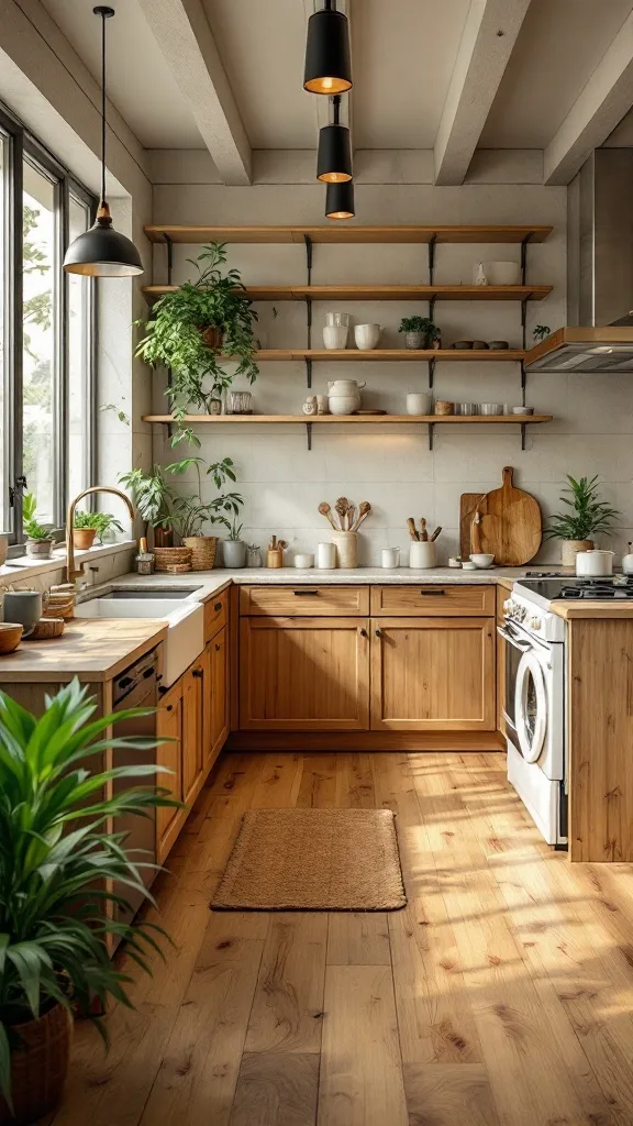 A modern kitchen featuring wooden flooring, natural light, and minimalistic decor with plants.