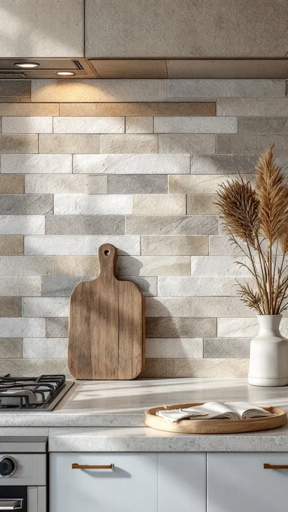 A modern kitchen with a textured stone backsplash, featuring a wooden cutting board and a vase with dried plants.