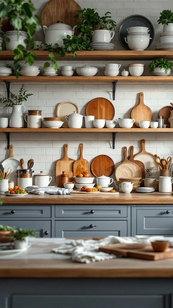 A modern kitchen with artisan kitchenware displayed on open shelves, featuring white ceramics and wooden boards, complemented by greenery.