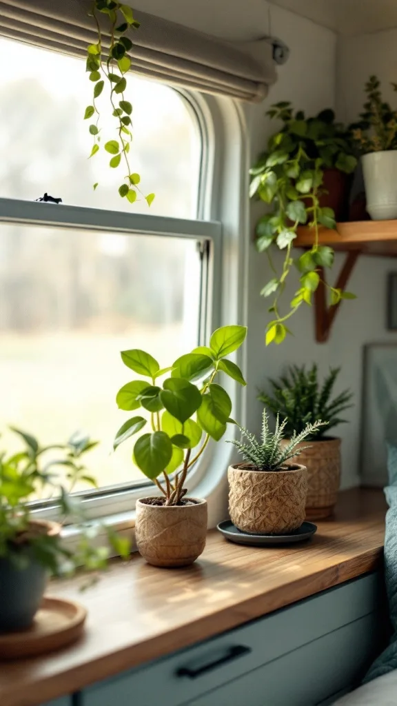 A cozy interior of a small camper with various plants by the window, creating a natural and inviting atmosphere.