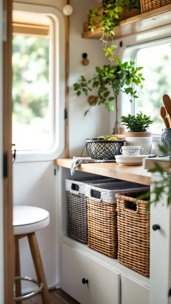 Interior of a small camper showcasing woven storage containers, plants, and a tidy kitchen area.