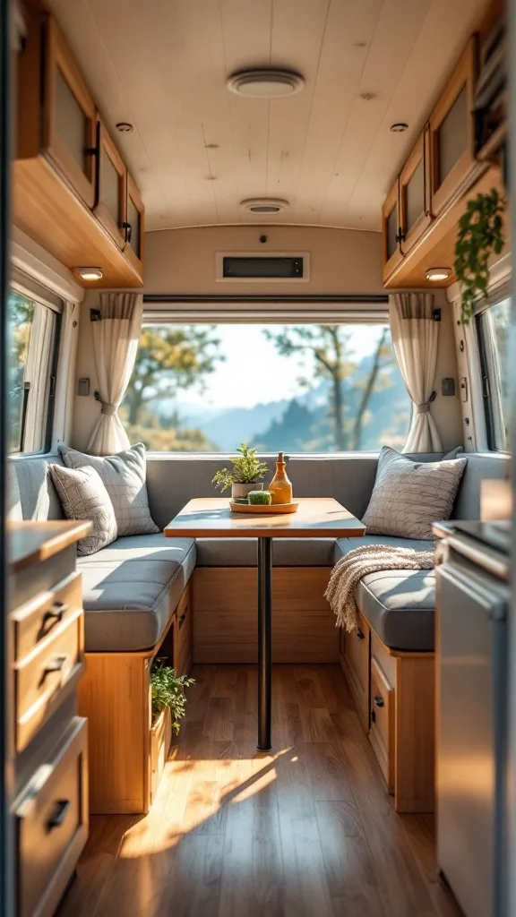 Cozy camper interior featuring compact seating and a wooden table.