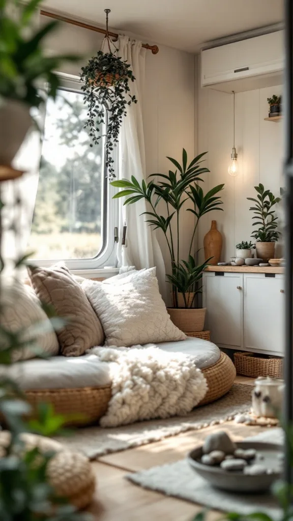 Cozy Zen corner in a small camper featuring circular seating, plants, and soft textures.