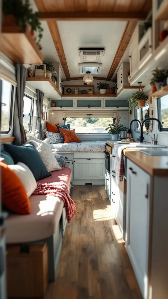 Interior of a small camper showcasing hidden storage compartments and decorative elements.