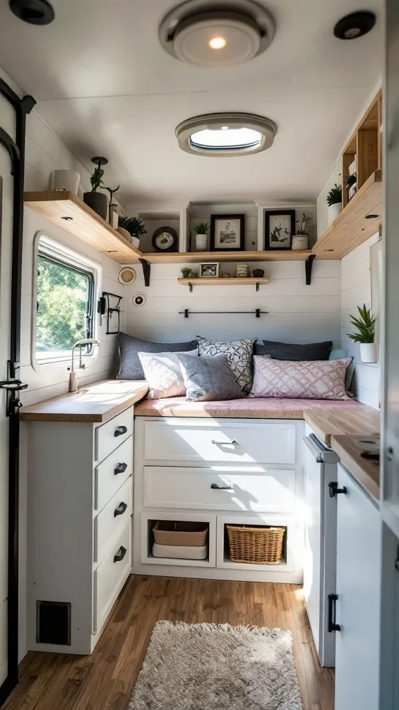 Interior of a small camper featuring clever storage solutions and cozy seating.