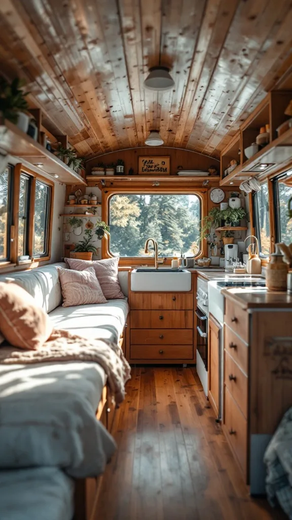 Cozy interior of a small camper with wooden paneling and natural light from large windows.