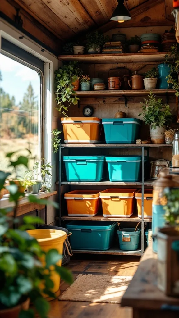 Colorful collapsible storage bins on shelves in a small camper interior, surrounded by plants and cozy decor.