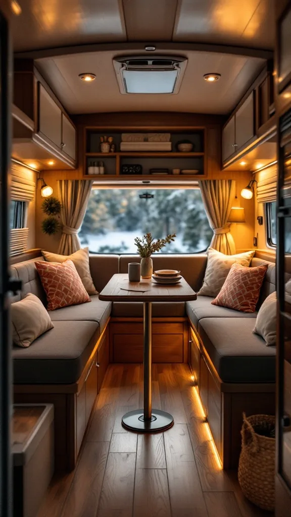 Interior of a small camper featuring convertible seating areas and warm lighting.