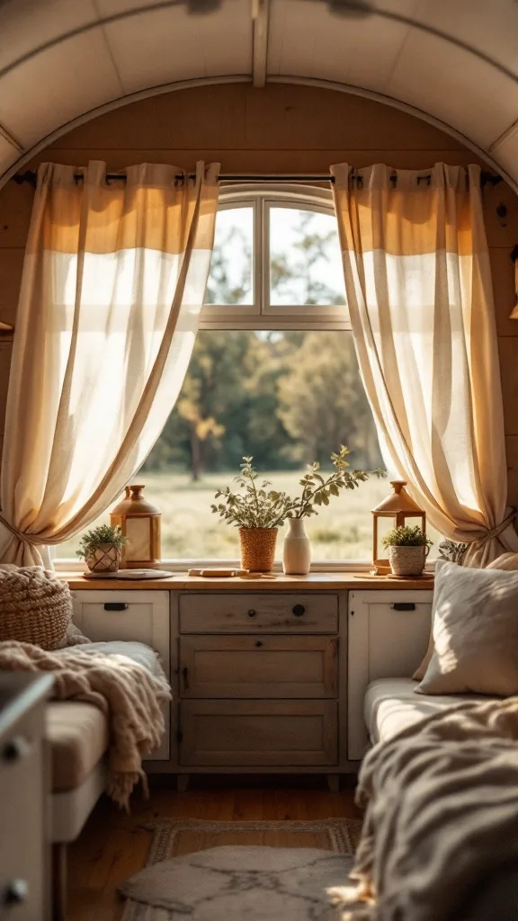 Interior of a small camper with soft curtains, plants, and cozy decor.