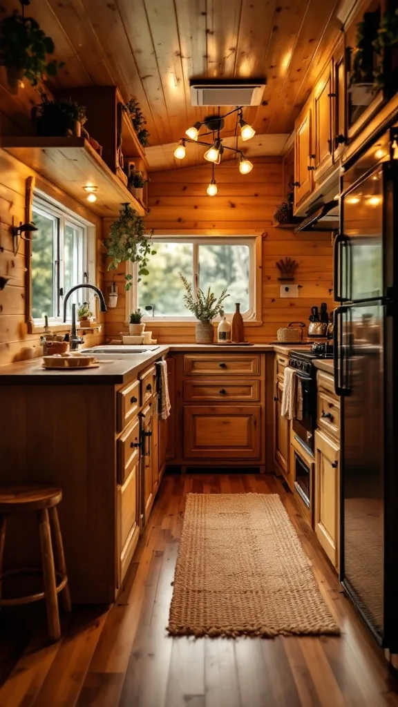 Cozy wooden kitchen interior of a small camper with natural light and plants.