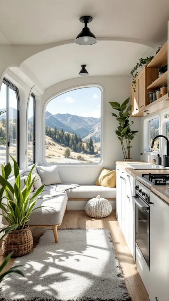 Bright and airy small camper interior with large windows overlooking mountains, featuring a cozy seating area and natural elements.