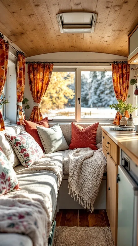 Cozy small camper interior with colorful textiles, cushions, and warm lighting