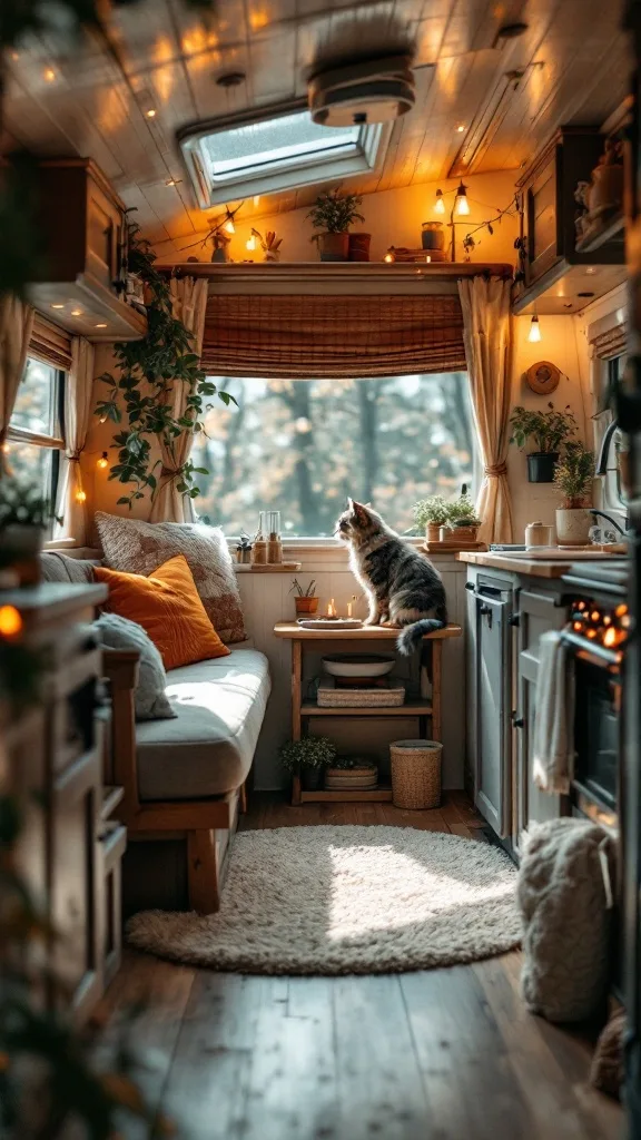 Cozy camper interior with a cat sitting by the window, surrounded by plants and warm lighting.