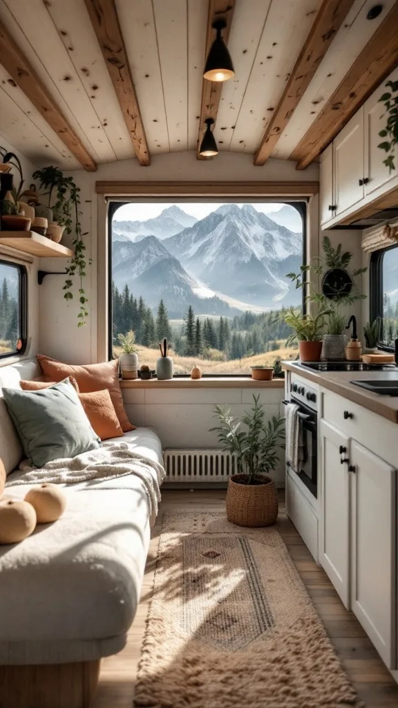 Cozy camper interior with mountain view through large window, featuring plants and natural wood elements.