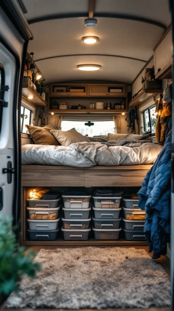 Cozy camper interior with a bed and organized storage bins underneath