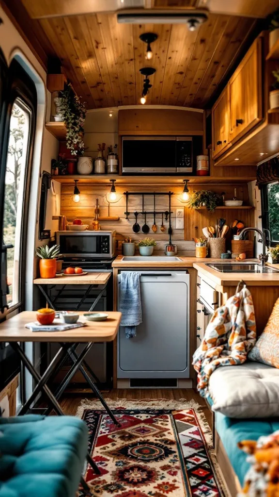 Interior view of a small camper kitchen with wooden cabinetry, a dining table, and colorful decor.