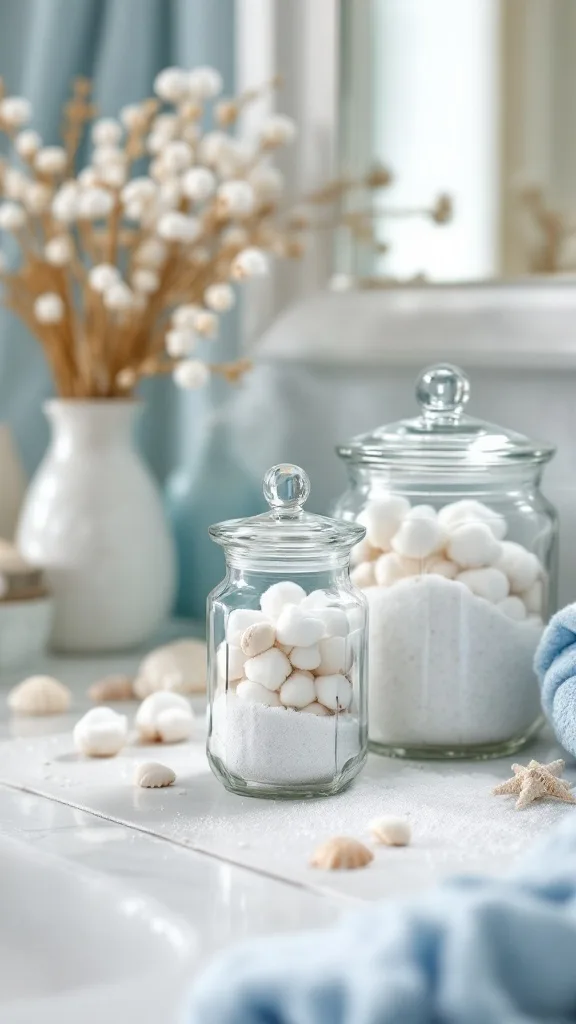 Glass canisters filled with white bath items, with shells and decorative elements around them.