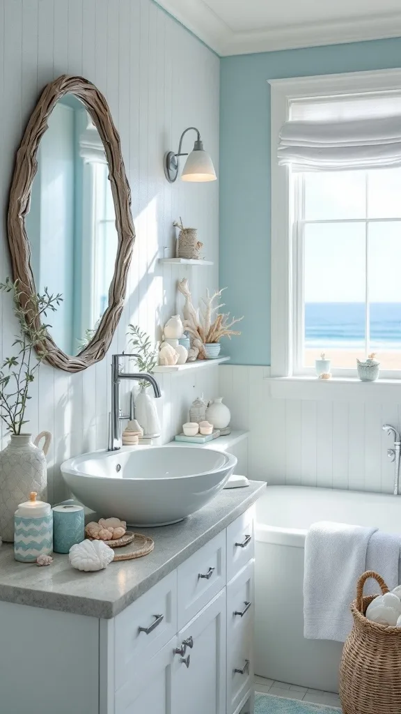 A coastal bathroom with light blue walls, a round basin, and decorative seashells.