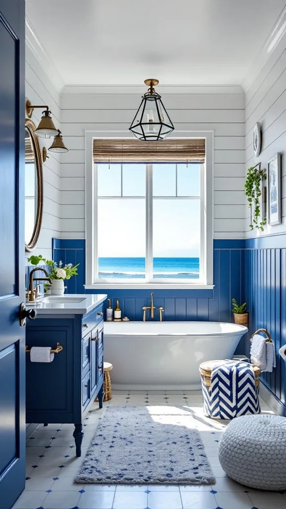 A coastal bathroom featuring bold blue accents with a view of the ocean.