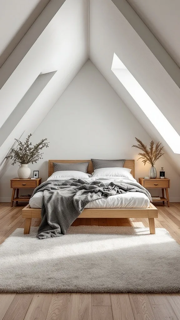 A cozy attic bedroom featuring a low wooden bed frame, soft bedding, and natural light.