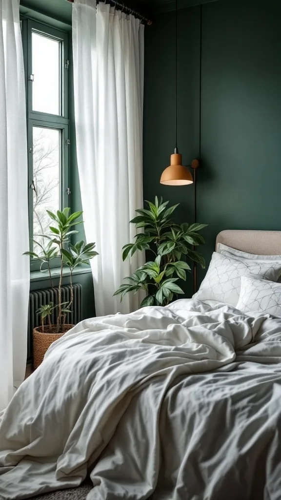 A dark green bedroom featuring white curtains and bedding, creating a cozy and balanced look.