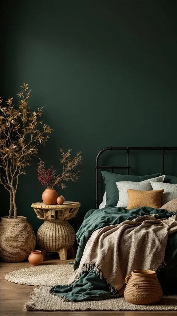 A cozy dark green bedroom with earthy decor, featuring a bed with layered blankets, a round rug, and decorative plants.