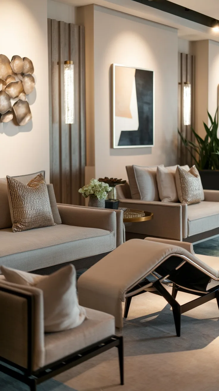 Living room with two couches and an ottoman, featuring modern decor and plants.