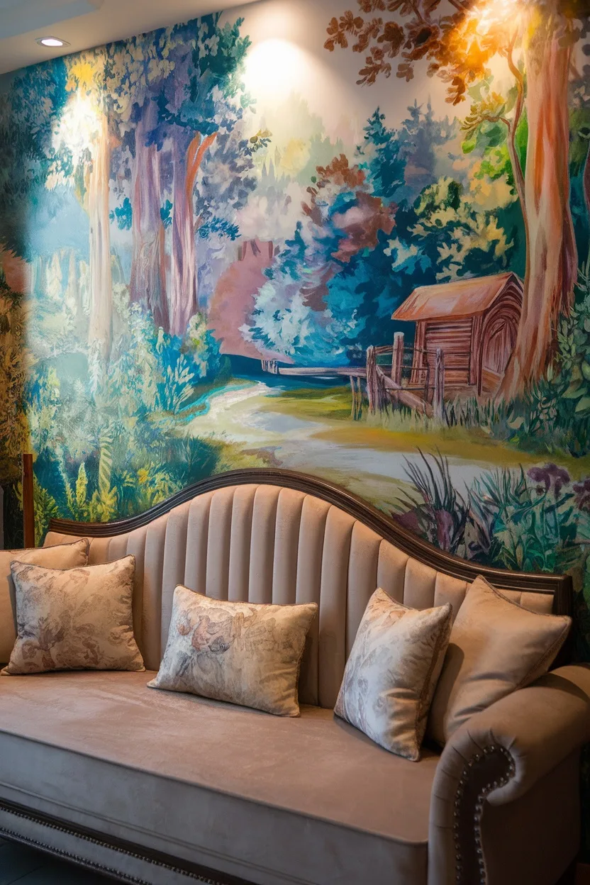 A nature mural depicting a serene forest with a pathway and wooden bridge, displayed above a cozy couch with colorful cushions.