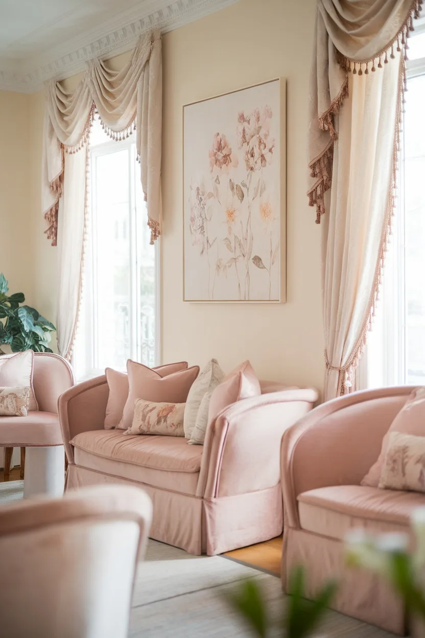 A cozy living room featuring blush pink sofas, floral artwork, and elegant draped curtains.